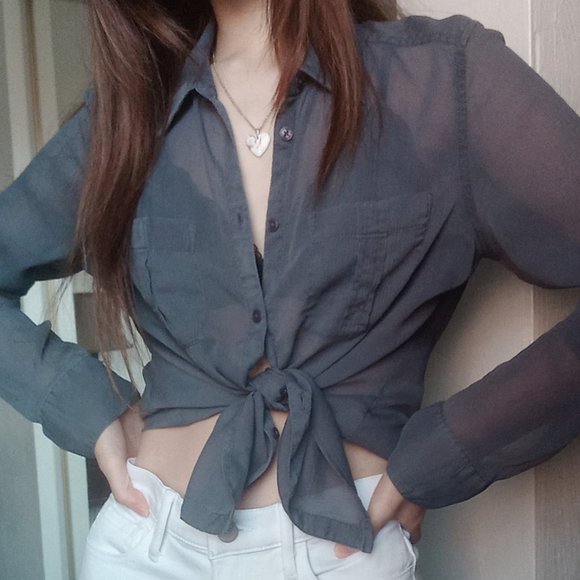 Guess // Delicate Sheer Blue Button Up Top - Picture 4 of 4